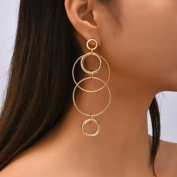 Gold Tone Long Big Hoop Dangle Earrings - Picture 1 of 3